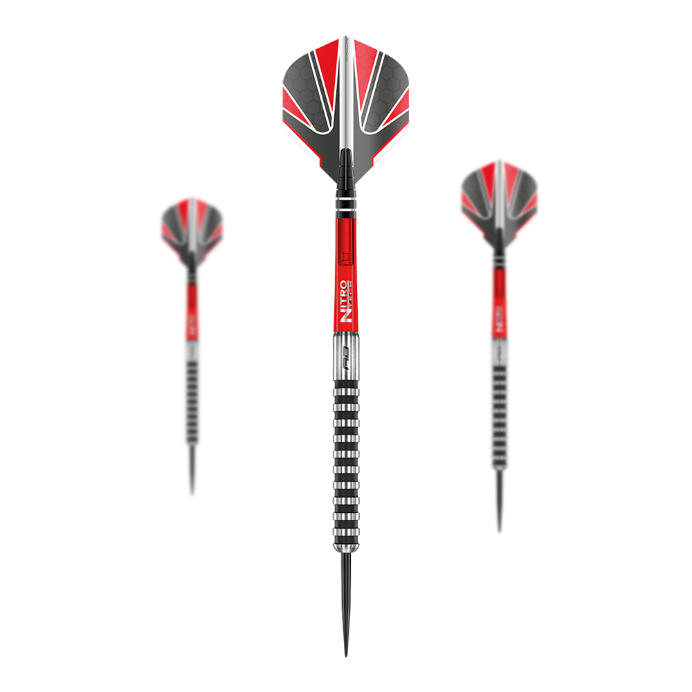 Das Bild zeigt drei "Red Dragon Javelin Black Steeldarts" mit roten, schwarzen und silbernen Akzenten. Die Dartpfeile haben markante Flügel und eine geriffelte Griffzone.
